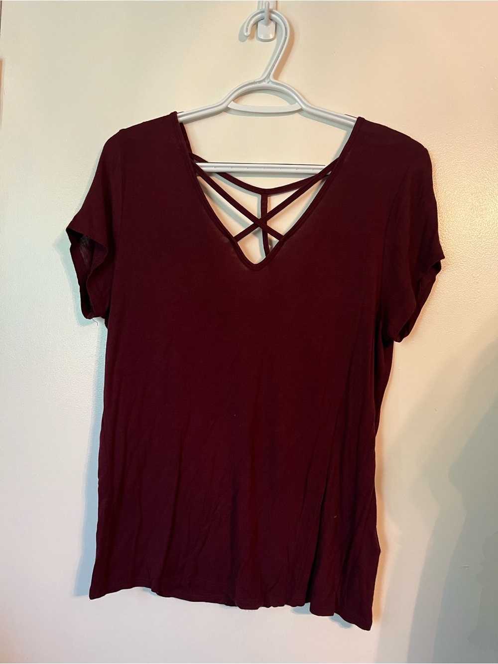 Women's Crisscross V-Neck Tee - Burgundy